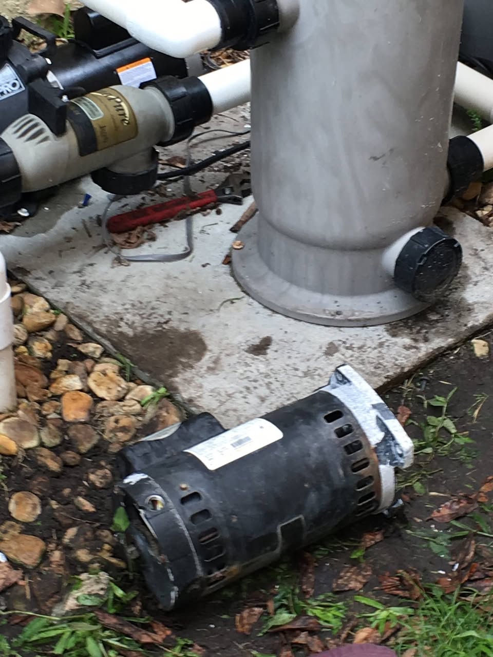 Burnt-out black pool pump motor removed from Orlando equipment pad before replacement