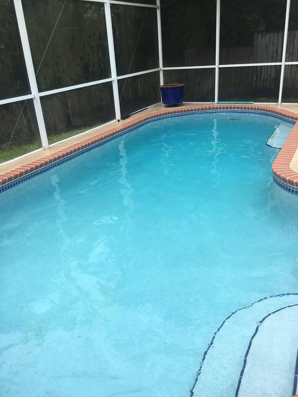 Sparkling clean Central Florida pool with brick coping after weekly maintenance visit