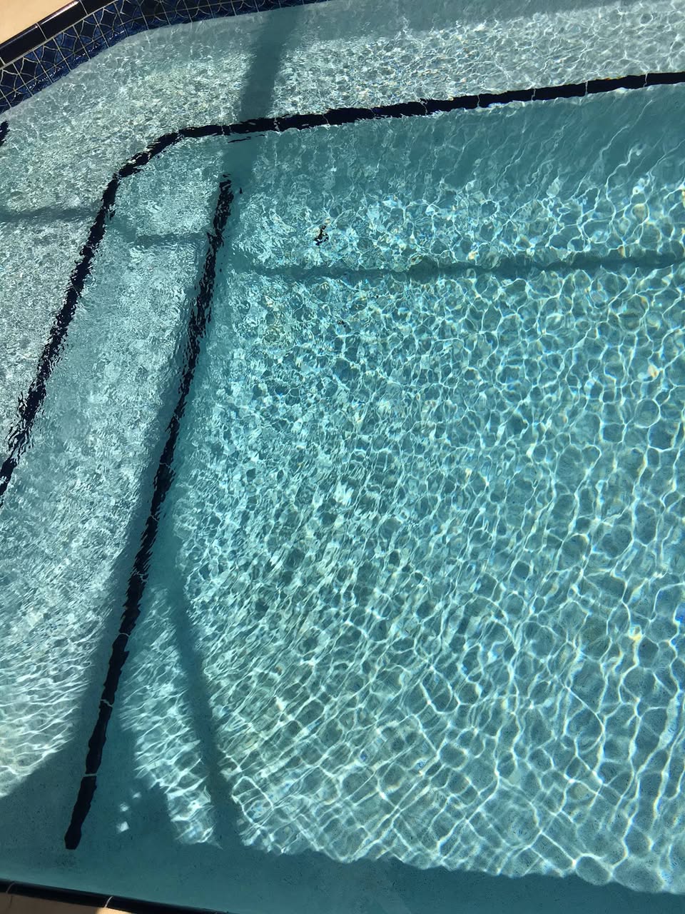 Crystal clear pool water close-up showing perfect chemistry and sun-lit ripples