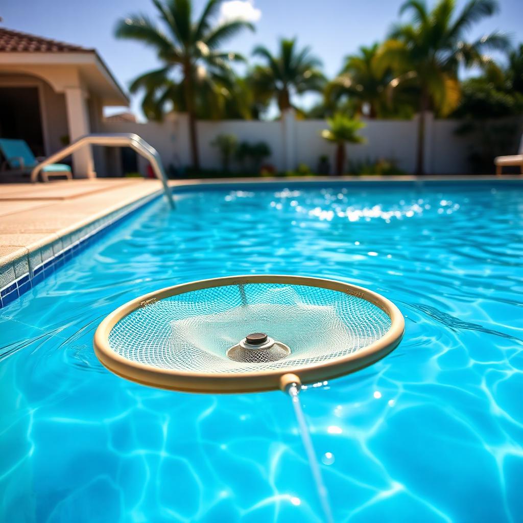 Skimmer net floating in a sparkling clean Orlando backyard pool