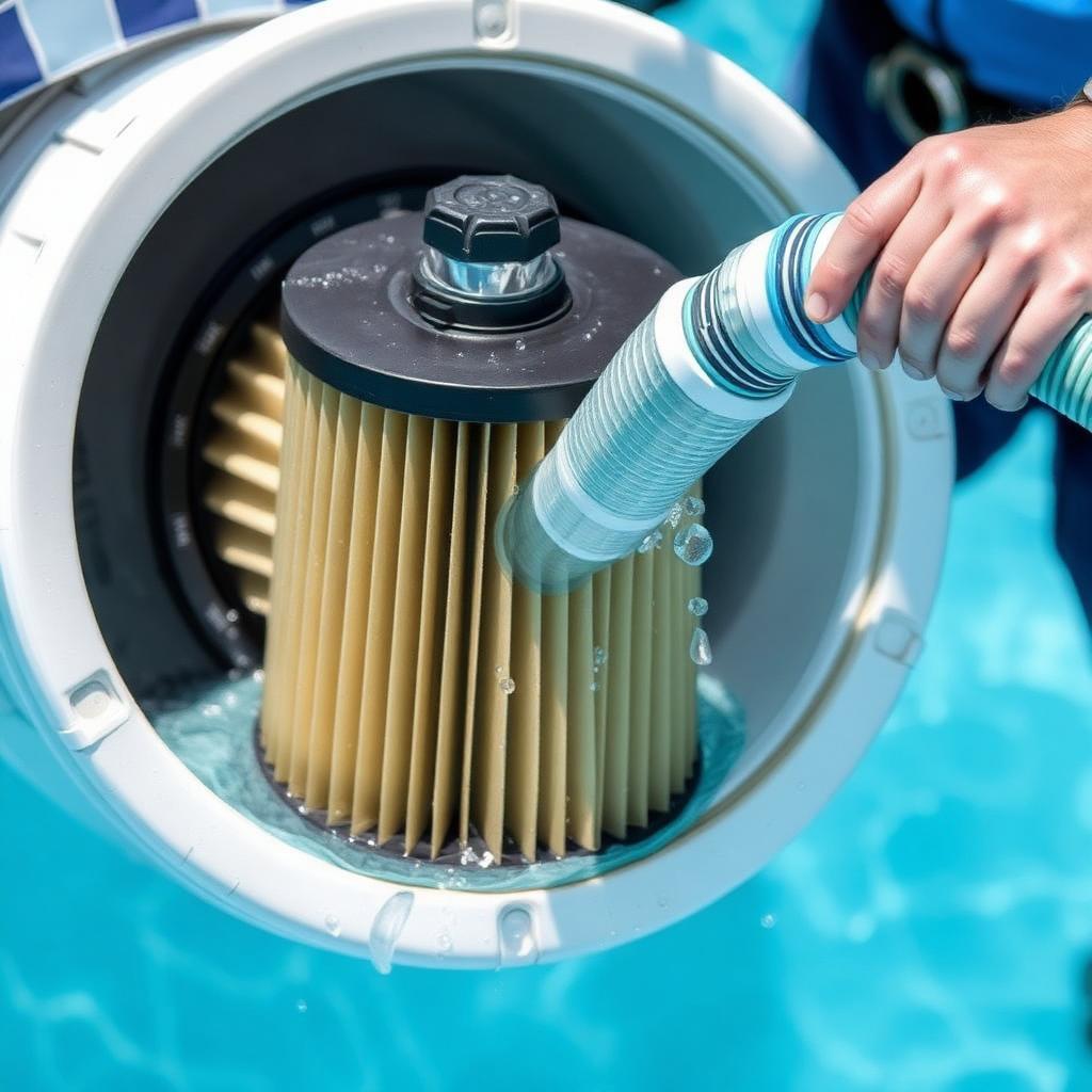Pool cartridge filter being rinsed clean during service