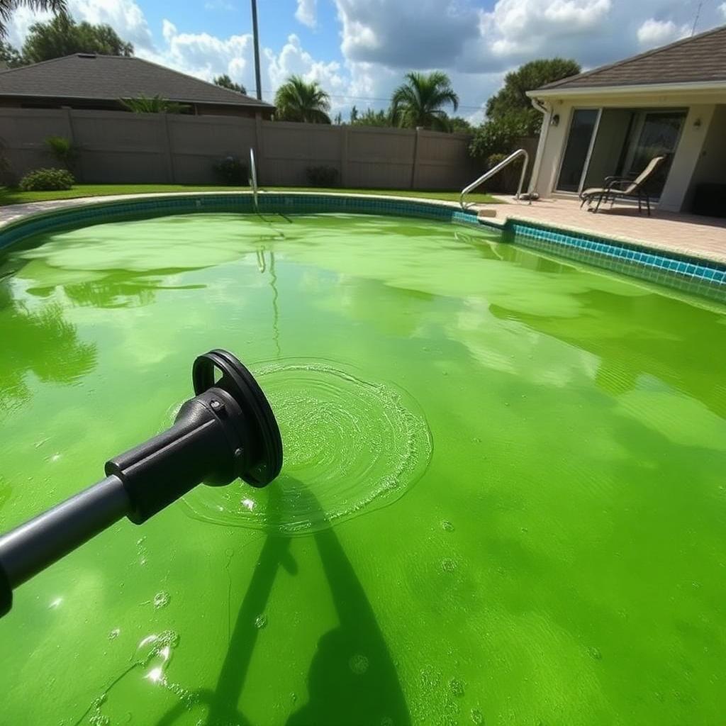 Green algae-filled swimming pool in an Orlando backyard being treated