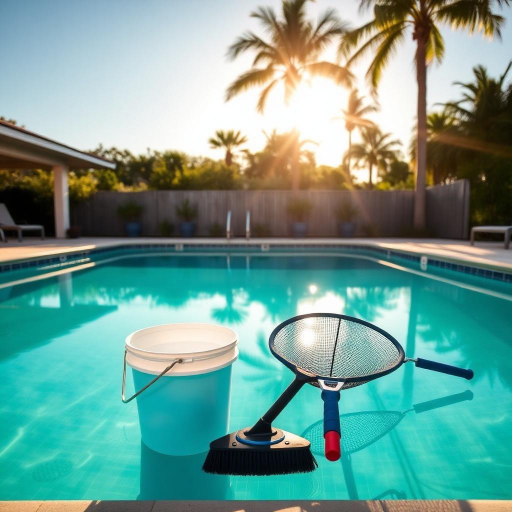 Clean Central Florida backyard pool with maintenance supplies on the deck
