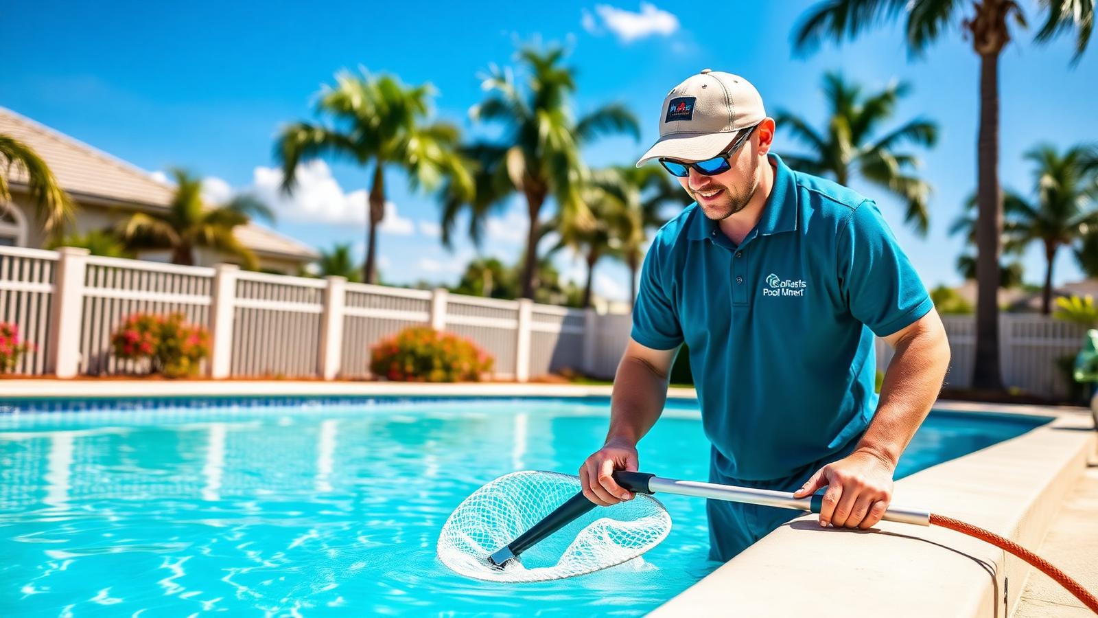 Sunny Clean Pool technician skimming leaves from a crystal-clear backyard pool in East Orlando, Florida