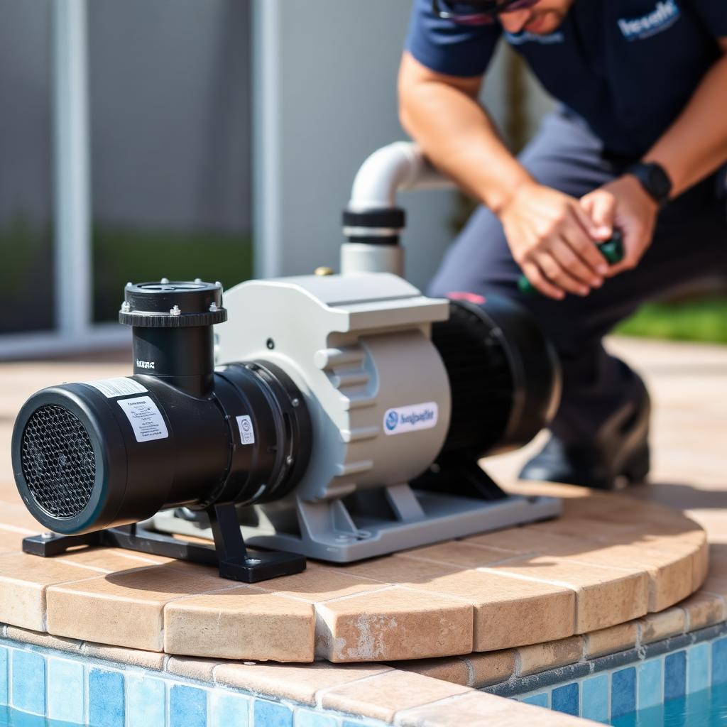 Pool technician inspecting a variable-speed pool pump on an Orlando equipment pad